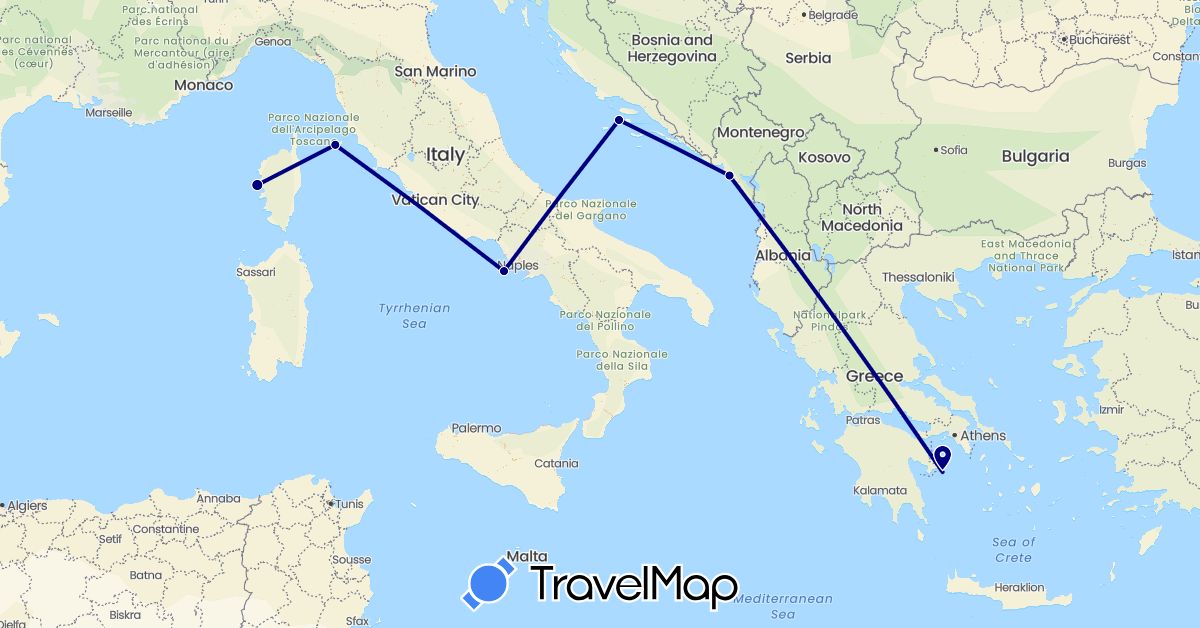 TravelMap itinerary: driving in France, Greece, Croatia, Italy, Montenegro (Europe)