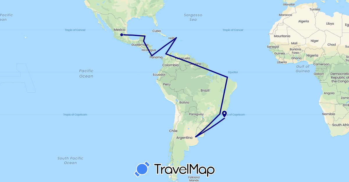 TravelMap itinerary: driving in Argentina, Brazil, Belize, Colombia, Costa Rica, Dominican Republic, Mexico (North America, South America)